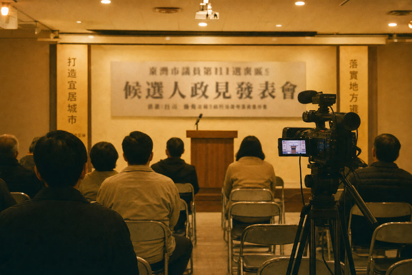 社區活動中心的政見發表會,攝影機對著講台