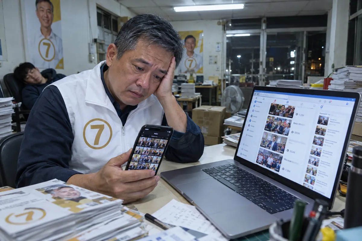 深夜競選辦公室,候選人看著滿手機沒剪的影片,電腦上是對手的高觀看貼文