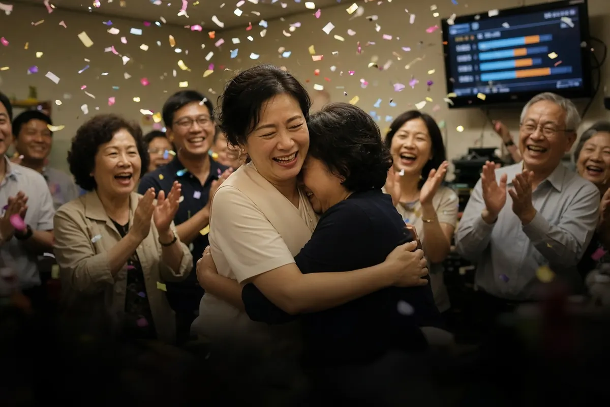 開票夜,候選人和團隊在彩帶中擁抱歡呼