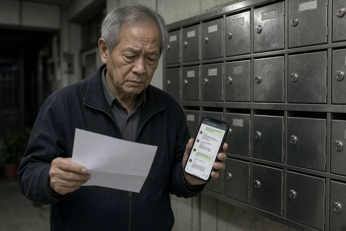 長輩在信箱前讀著匿名黑函,手機裡群組也在轉傳